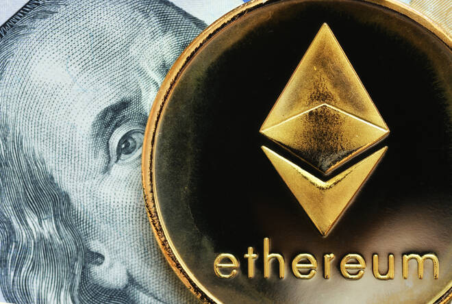 Ethereum. Crypto currency Ethereum, ETH. Ethereum golden coin on dollar banknote. Blockchain technology, mining concept