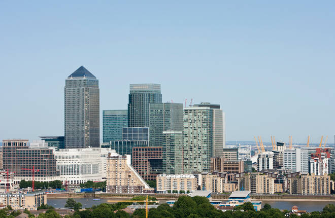 Elevated view of Canary Wharf, London
