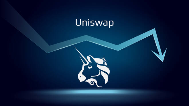 Uniswap UNI in downtrend and price falls down. Crypto coin symbol and down arrow. Uniswap crushed and fell down. Cryptocurrency trading crisis and crash. Vector illustration.