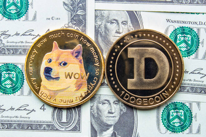 A couple of Dogecoin with one dollar bills on the background.