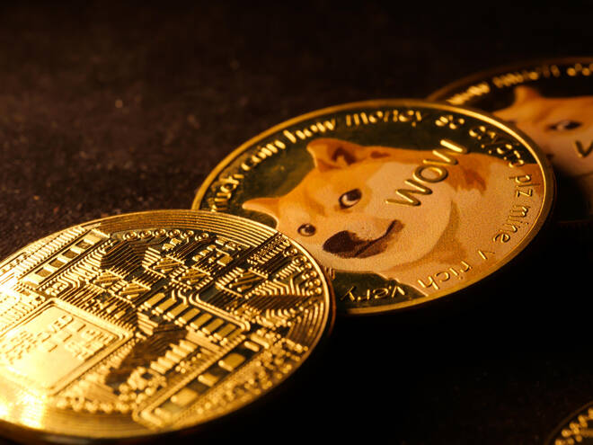 A selective focus shot of a coin with a Shiba Inu dog meme named "Doge" and a "Wow" engraving on it