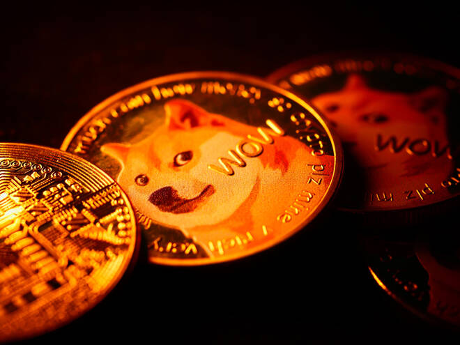 Selective focus shot of a coin with a Shiba Inu dog meme named "Doge" and a "Wow" engraving on it