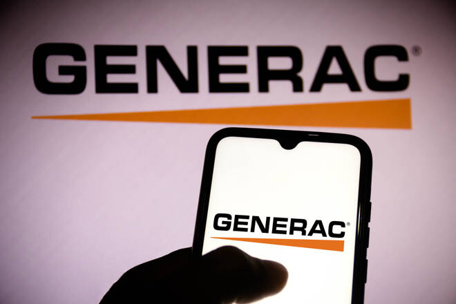 In this photo illustration an Generac Holdings logo seen on a smartphone screen and in the background.
