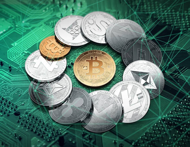 Different cryptocurrencies in a circle with a golden bitcoin in the middle. Different cryptocurrencies concept. 3D illustration
