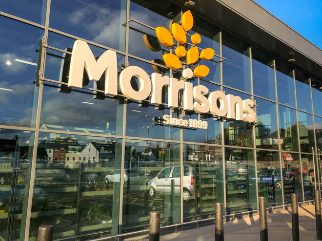 ABERGAVENNY, WALES - OCTOBER 2018: Exterior view of the front of the Morrisons supermarket in Abergavenny town centre.