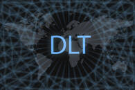 distributed ledger technology DLT inscription on a dark background and a world map.