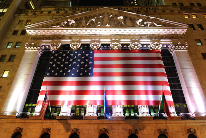 The New York Stock exchange illuminated at night. May 26, 2010.