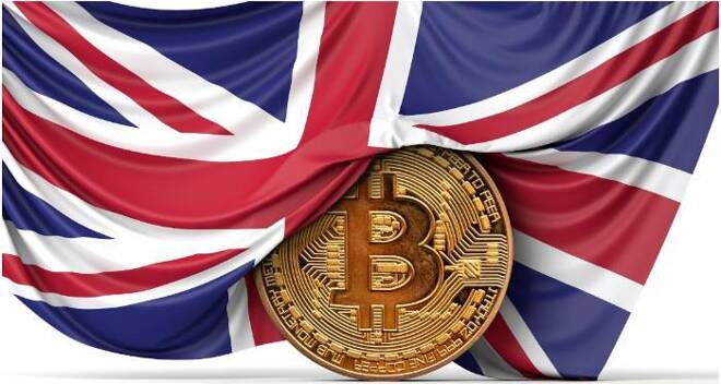 UK flag draped over a Bitcoin coin.