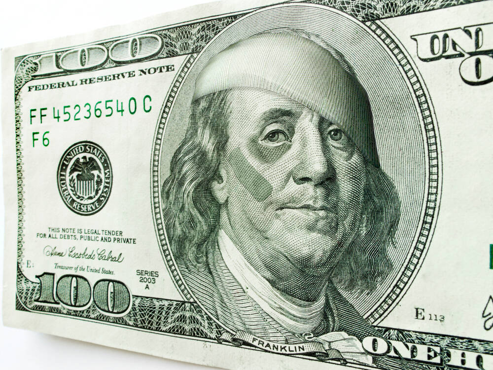 Ben Franklin with Black Eye Bandages One Hundred Dollar Bill