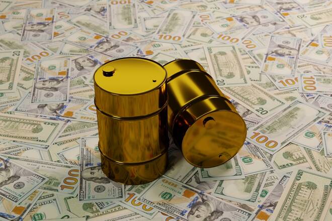 Three glossy golden barrels of oil on a large pile of American dollars, the concept of high volatility of Brent, wti, urals grades in the commodity markets 3D rendering