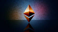 Ethereum ETH cryptocurrency token symbol, coin icon on dark digi
