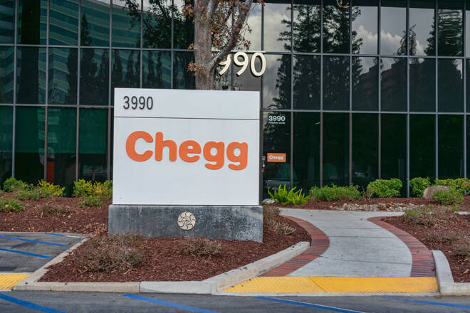 Chegg logo at the entrance of the company headquarters in Silicon Valley - Santa Clara, California, USA - 2019