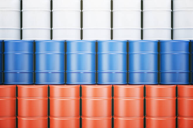 Oil barrels with Russian flag