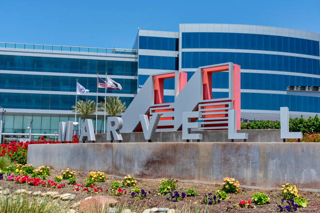 Marvell logo and sign near Silicon Valley headquarters of semiconductor manufacturing company