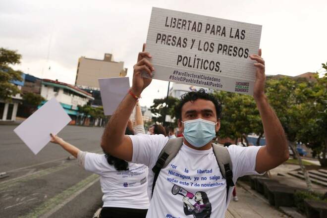Nicaraguans exiled in Costa Rica protest against the government of President Daniel Ortega, ahead of the country's presidential elections