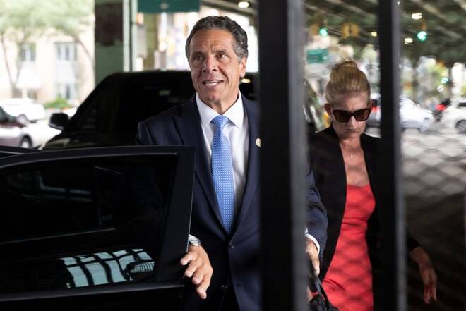 New York Governor Andrew Cuomo arrives to depart in his helicopter after announcing his resignation in Manhattan, New York City