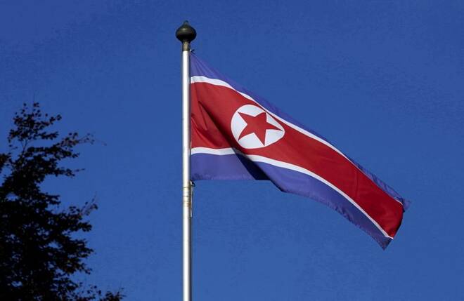 A North Korean flag flies on a mast at the Permanent Mission of North Korea in Geneva