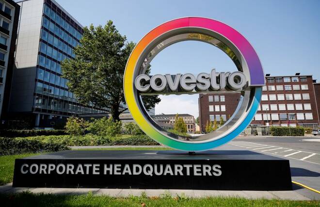 The logo of German chemicals maker Covestro is pictured outside its headquarters in Leverkusen
