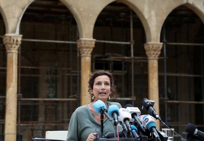 UNESCO Director-General Audrey Azoulay speaks during a news conference at Lady Cochrane Palace which was damaged due to the massive explosion at Beirut's port area