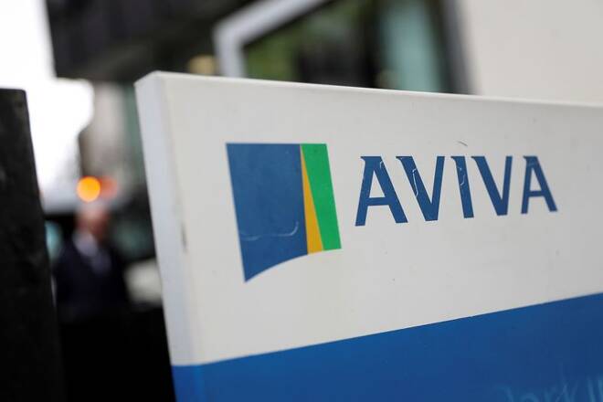 The Aviva logo sits outside the company head office in the city of London