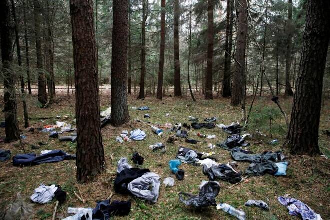 Belongings of migrants are pictured in the forest during the migrant crisis near the Belarusian-Polish border in Hajnowka
