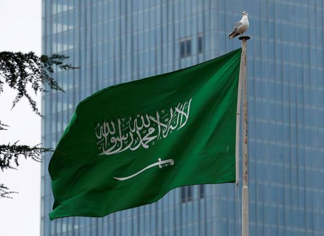 A Saudi flag flutters atop Saudi Arabia's consulate in Istanbul