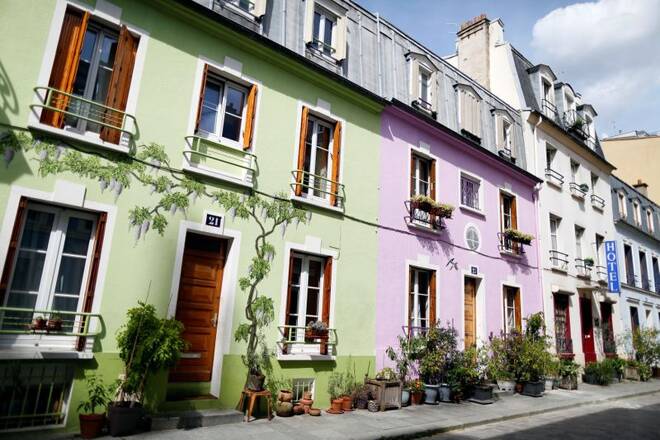 A view shows rue Cremieux, a street lined with colorful, terraced homes, located in the 12th district of Paris