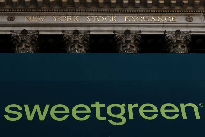The Sweetgreen logo is displayed on a banner to celebrate the company's IPO, at the New York Stock Exchange (NYSE)