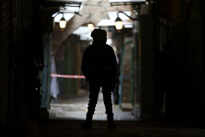 Israeli security personnel secure the scene following an incident in Jerusalem's Old City