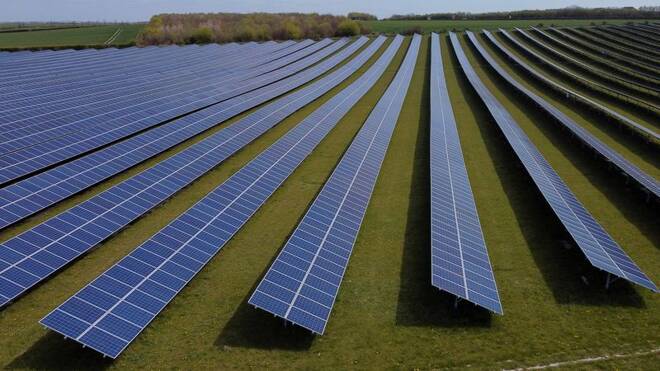 A field of solar panels is seen near Royston