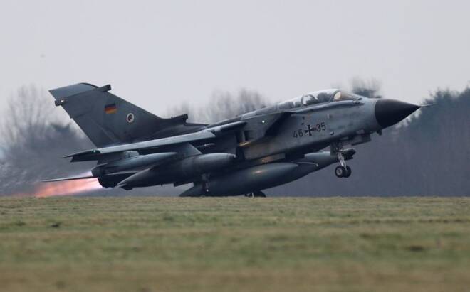 A German air force Tornado jet takes off from the German army Bundeswehr airbase in Jagel