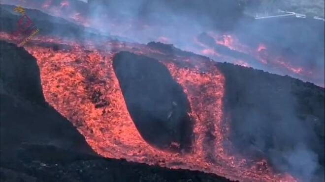 A flow of lava is observed near la Laguna mountain on the Canary island of La Palma