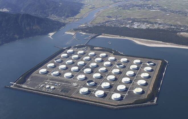An aerial view shows Shibushi National Petroleum Stockpiling Base in Kagoshima prefecture, Japan