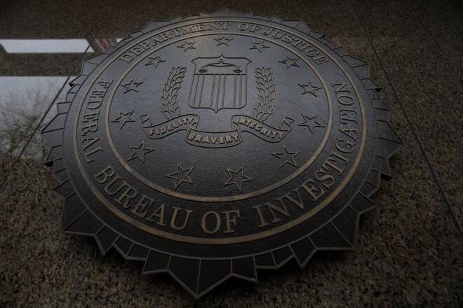 The Federal Bureau of Investigation seal and motto are seen at FBI building in Washington