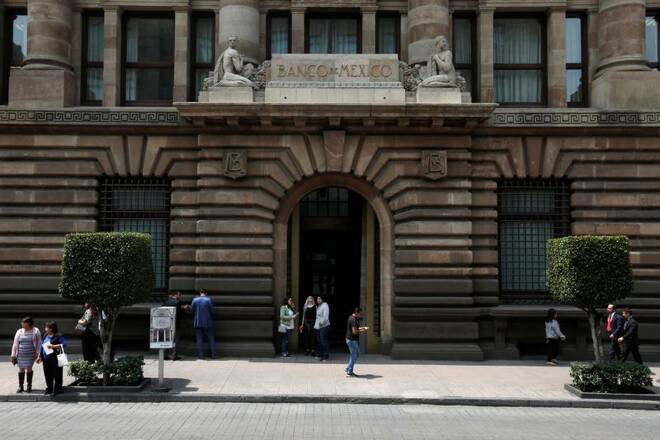 The Bank of Mexico logo is seen on the facade of their office building in downtown Mexico City,