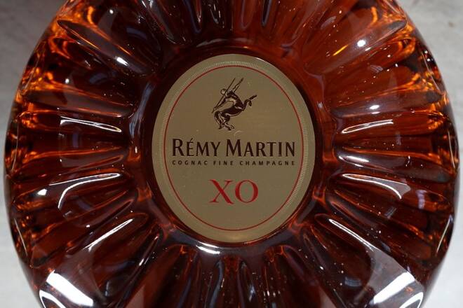 A bottle of Remy Martin XO cognac is displayed at the Remy Cointreau SA headquarters in Paris