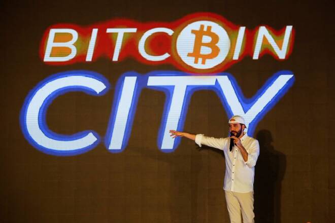 El Salvador's President Nayib Bukele present the plan of first "Bitcoin City", in Teoteeque