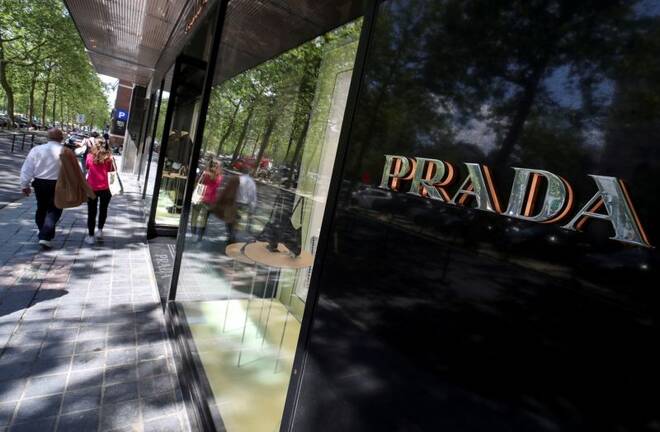 A logo of luxury goods company Prada is seen at the entrance of a shop in Brussels