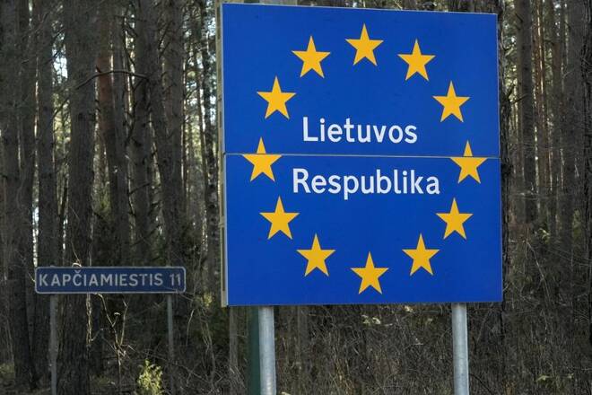 Signs of Republic of Lithuania and Kapciamiestis village are seen in Kapciamiestis