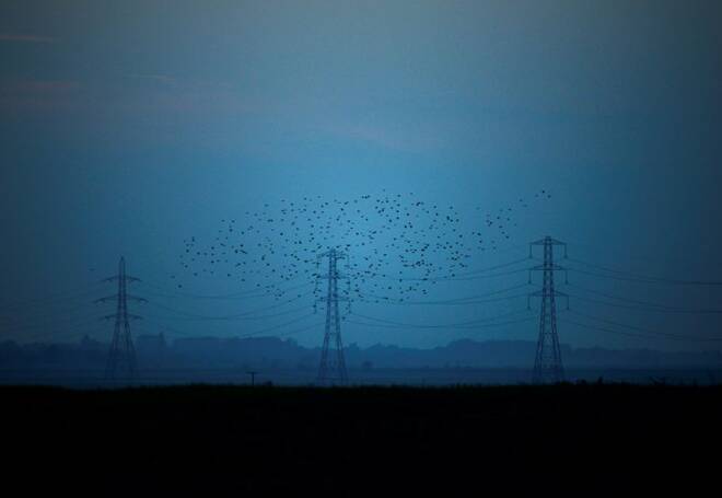 Migrating starlings fly at dusk past electricity pylons silhouetted by the sunset of a clear autumn evening in the Kent countryside, in Graveney, Britain