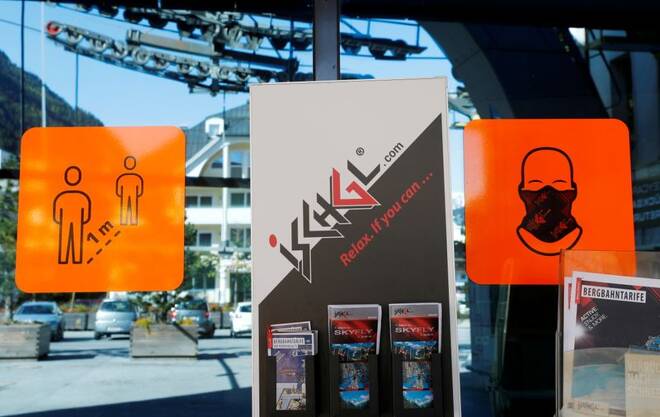 Coronavirus safety signs at the entrance to a lift station in the Tyrolean ski resort of Ischgl