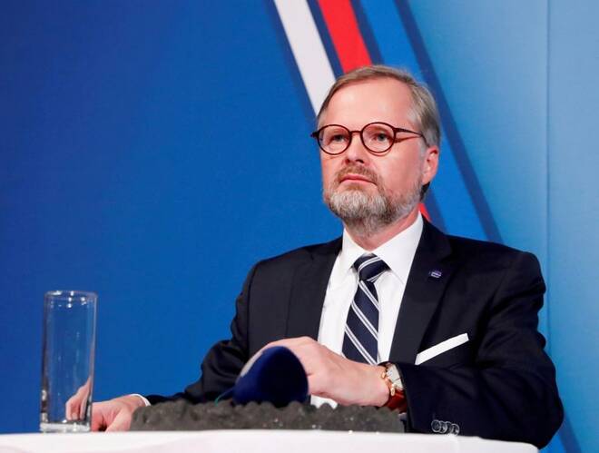 Leader of Civic Democratic Party (ODS) and Together (SPOLU) coalition candidate for prime minister Petr Fiala attends the last radio debate before the country's parliamentary election in Prague