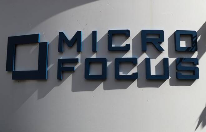 A sign stands outside the offices of Micro Focus in Newbury