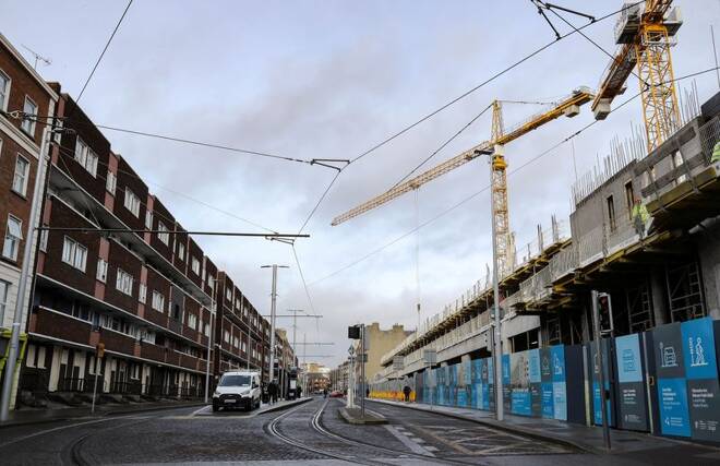 A new development under construction on Dominick Street Lower, faces old council flats in Dublin