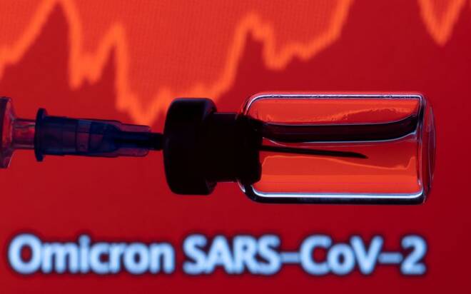 A vial and a syringe are seen in front of a displayed stock graph and words "Omicron SARS-CoV-2" in this illustration taken