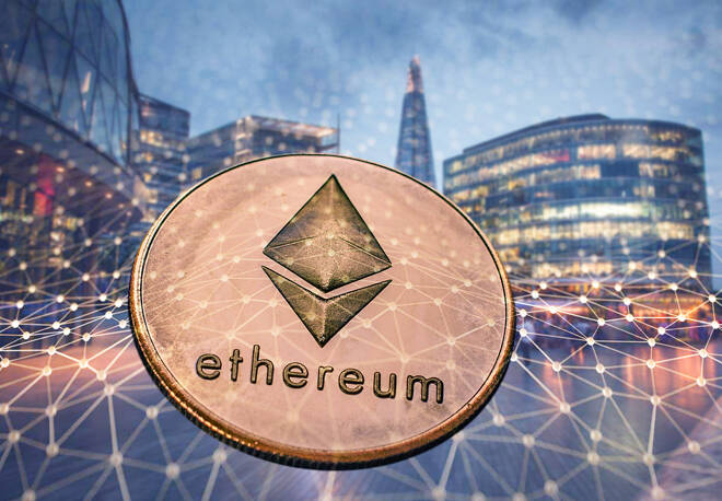 ethereum against skyscrapers - futuristic smart city - cryptocur