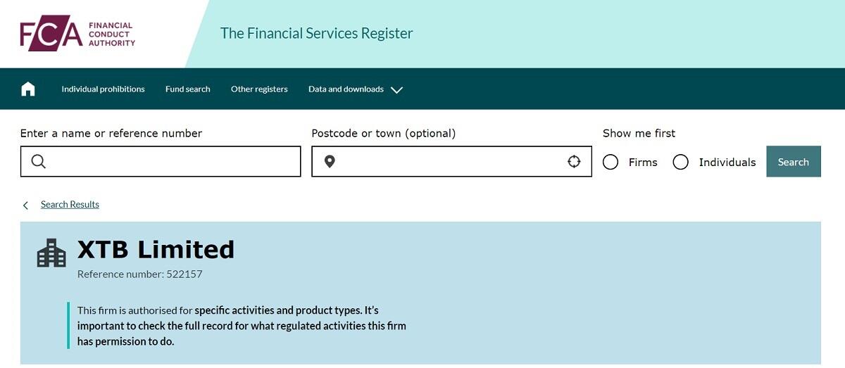 XTB on the FCA Financial Services Register