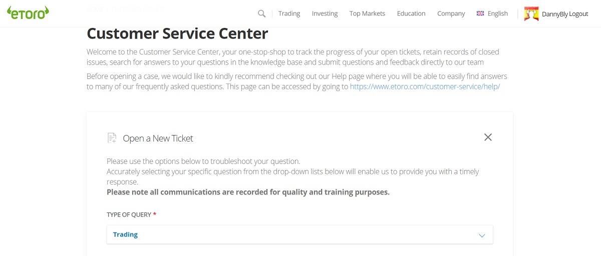 Opening a support ticket at eToro
