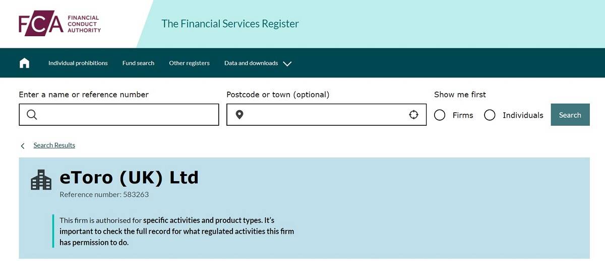 eToro on the FCA Financial Services Register