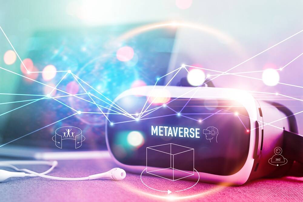 Metaverse,Technology,Concept,,Vr,Virtual,Reality,Goggle,On,Colorful,Background,